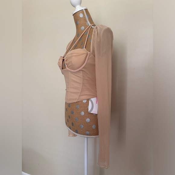 PARTHEA Tie Back Split Cuff Ruched Mesh Corset Top Khaki - Picture 4 of 10